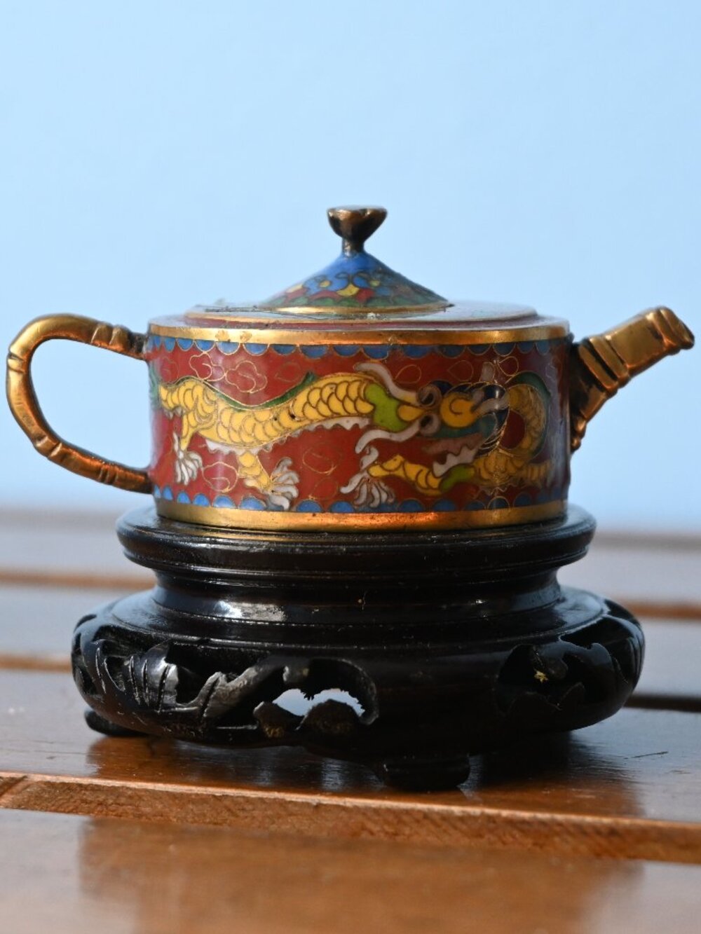 Vintage Chinese Cloisonne Miniature 1" Tall Teapot Dragon Enamel on Wood Stand